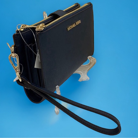 Michael Kors Jet Set Travel LG Double Zip Saffiano Leather Wristlet in Navy - Picture 3 of 11